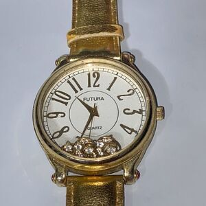 Futura Women's Gold Tone Floating Rhinestone Leather Band Quartz Watch OS
